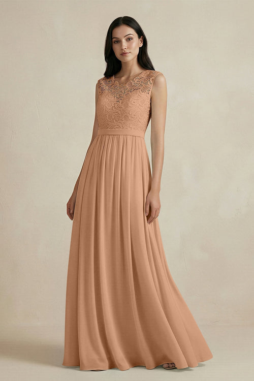 Lace Chiffon A - Line Round Neck Bridesmaid Dress in Bronzer - KISS BRIDAL Bridesmaid Dresses