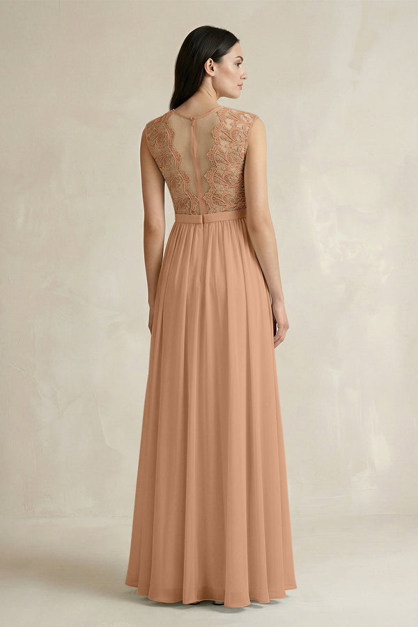 Lace Chiffon A - Line Round Neck Bridesmaid Dress in Bronzer - KISS BRIDAL Bridesmaid Dresses
