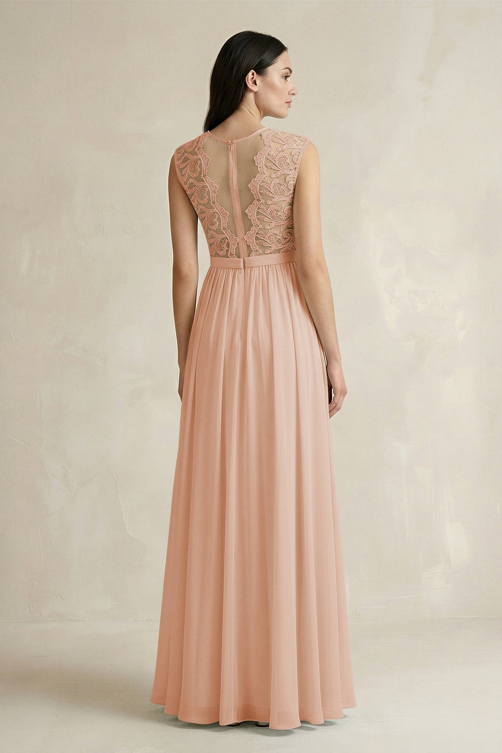 Lace Chiffon A-Line Round Neck Bridesmaid Dress in Champagne Rose
