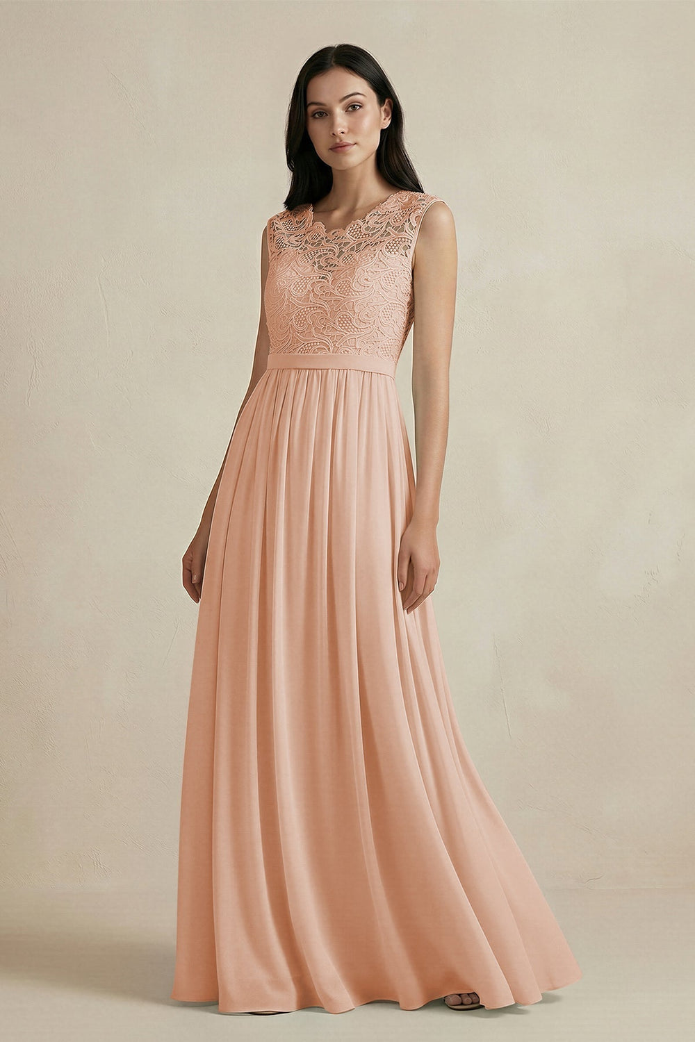 Lace Chiffon A-Line Round Neck Bridesmaid Dress in Champagne Rose