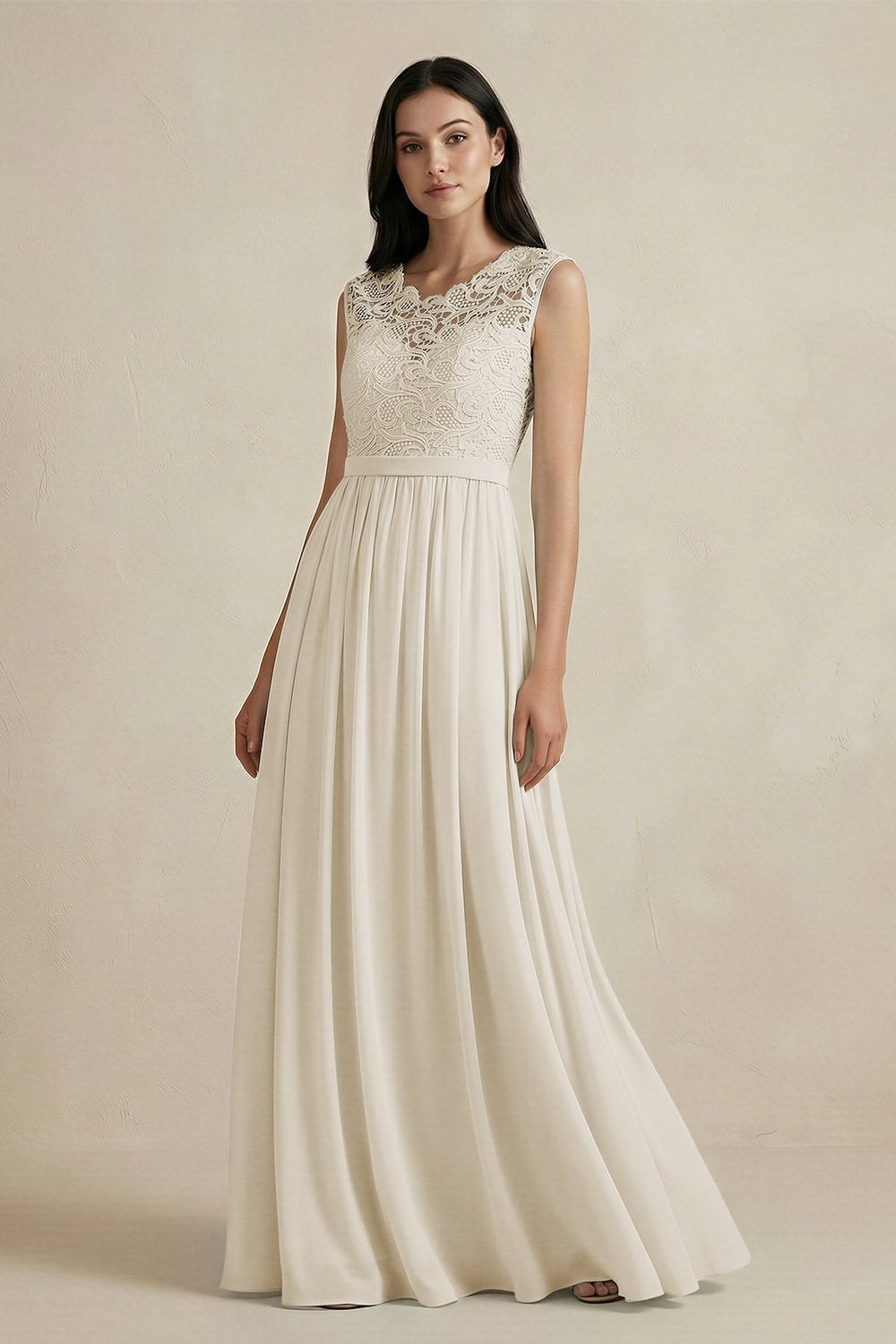 Lace Chiffon A-Line Round Neck Bridesmaid Dress in Dove Gray