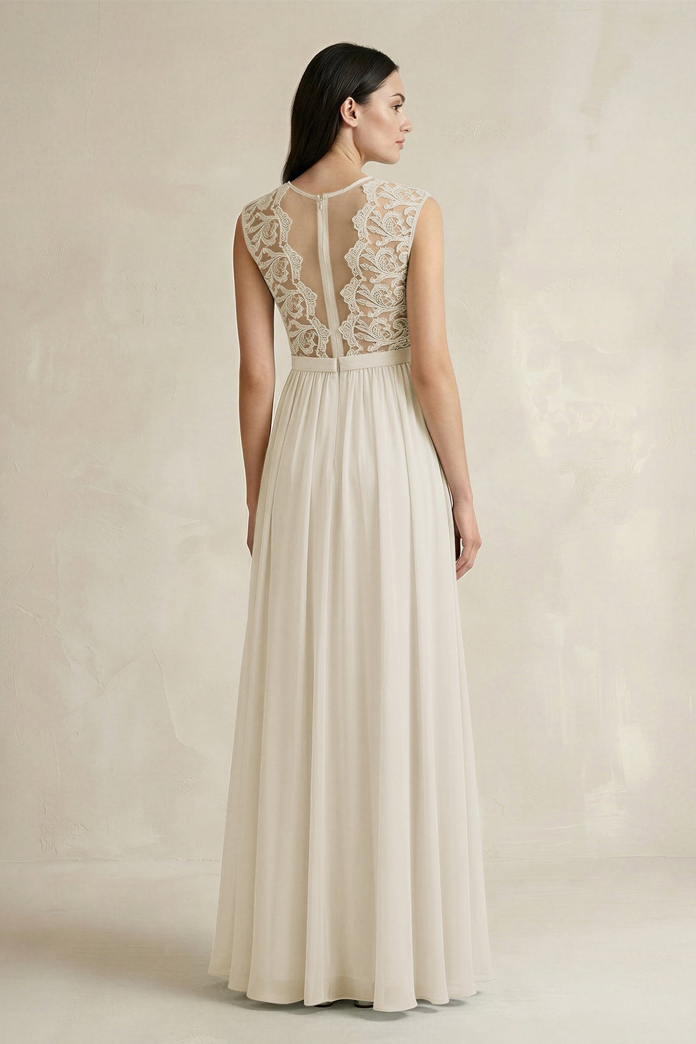 Lace Chiffon A-Line Round Neck Bridesmaid Dress in Dove Gray