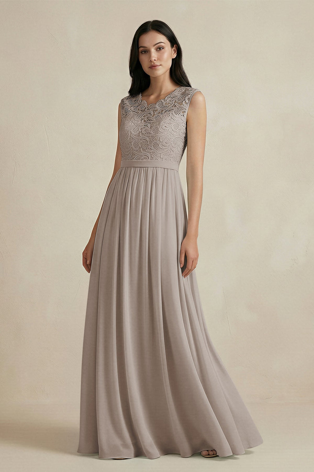 Lace Chiffon A-Line Round Neck Bridesmaid Dress in Frost