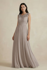 Lace Chiffon A - Line Round Neck Bridesmaid Dress in Frost - KISS BRIDAL Bridesmaid Dresses