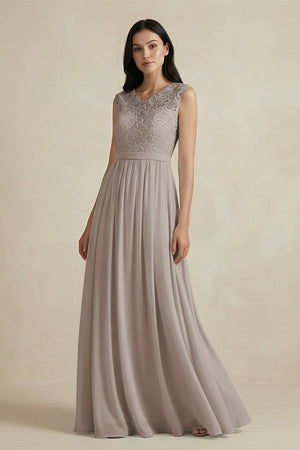 Lace Chiffon A - Line Round Neck Bridesmaid Dress in Frost - KISS BRIDAL Bridesmaid Dresses