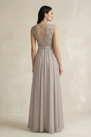 Lace Chiffon A - Line Round Neck Bridesmaid Dress in Frost - KISS BRIDAL Bridesmaid Dresses
