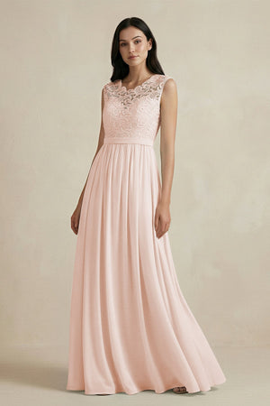 Lace Chiffon A - Line Round Neck Bridesmaid Dress in Pale Blush - KISS BRIDAL Bridesmaid Dresses