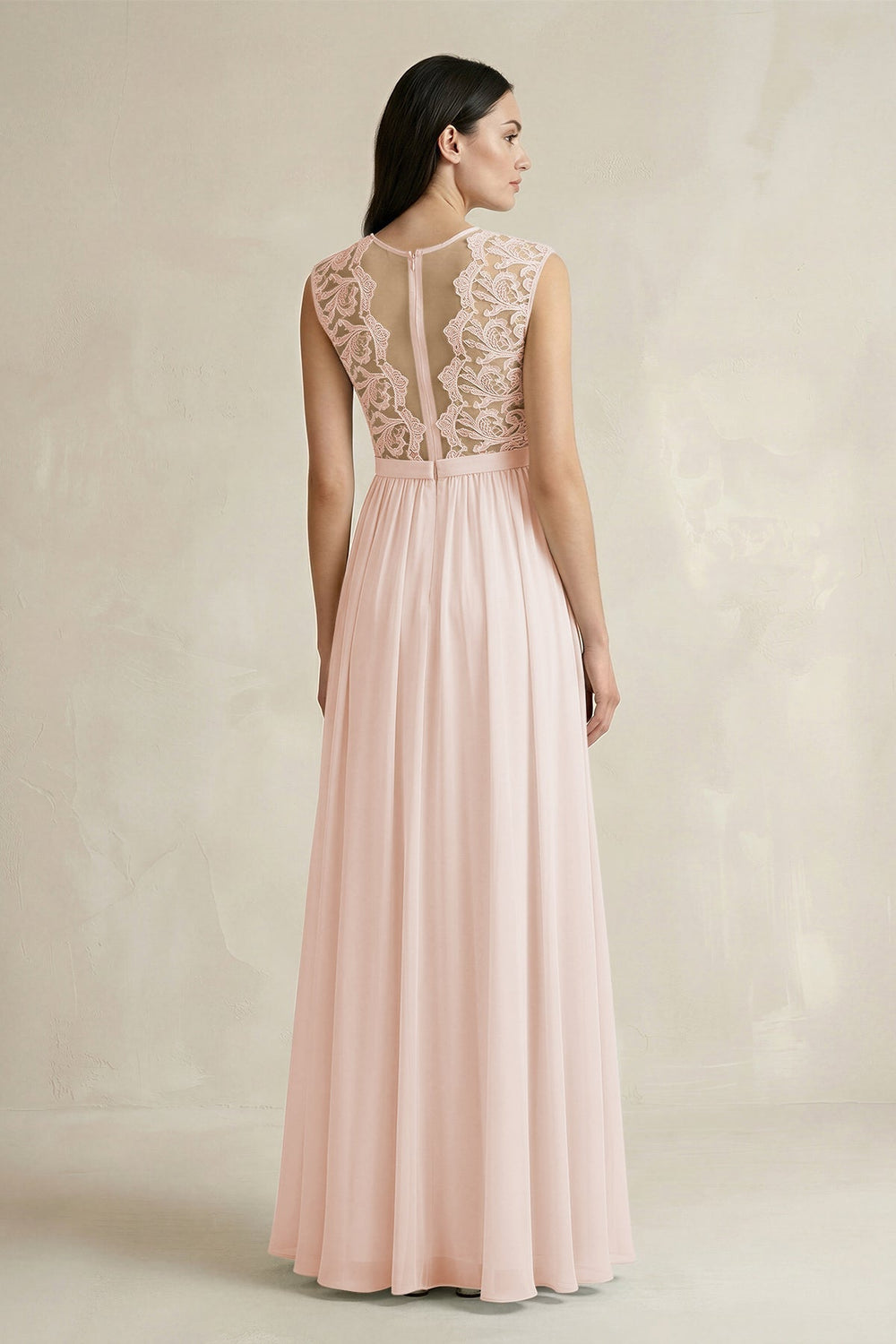 Lace Chiffon A-Line Round Neck Bridesmaid Dress in Pale Blush