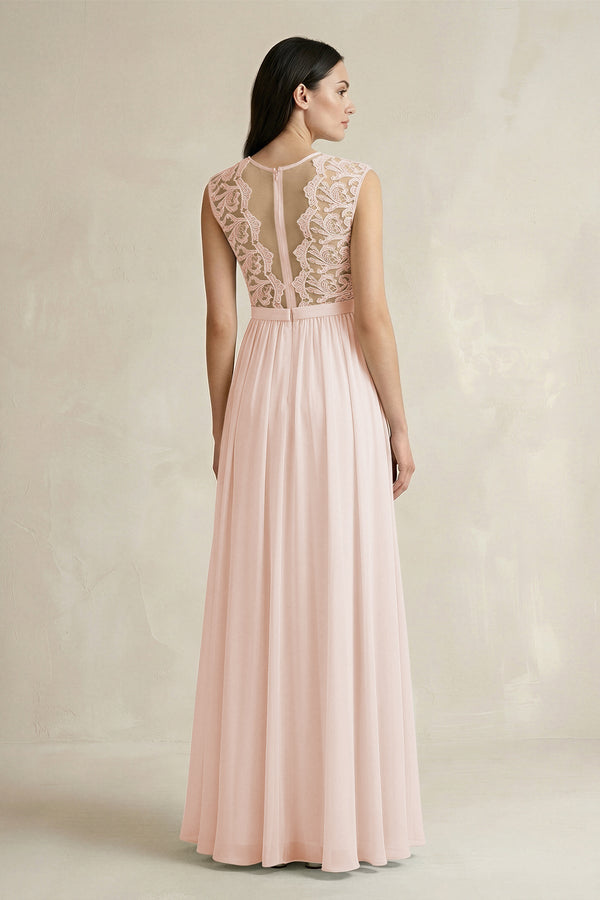 Lace Chiffon A - Line Round Neck Bridesmaid Dress in Pale Blush - KISS BRIDAL Bridesmaid Dresses