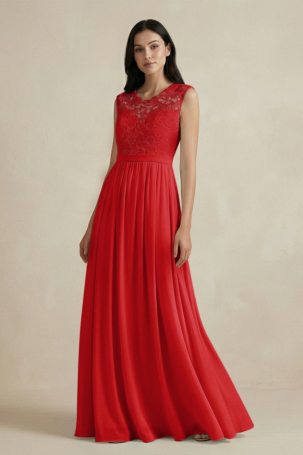 Lace Chiffon A-Line Round Neck Bridesmaid Dress in Ruby Red