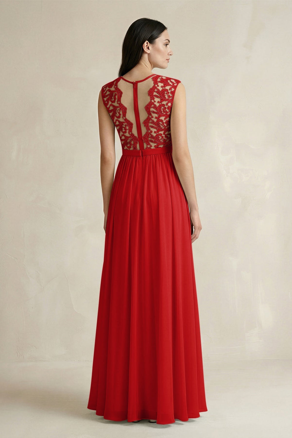 Lace Chiffon A-Line Round Neck Bridesmaid Dress in Ruby Red