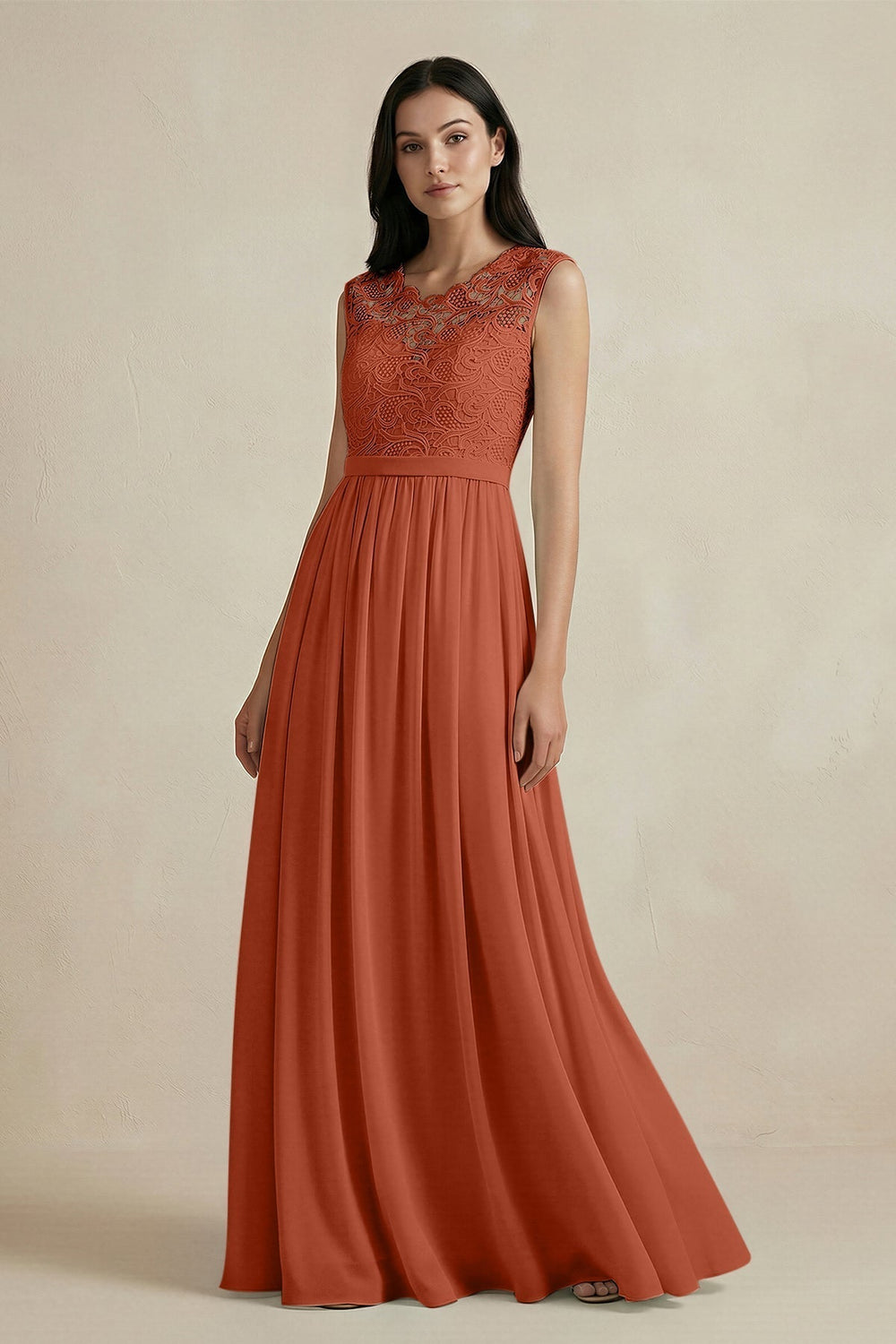 Lace Chiffon A-Line Round Neck Bridesmaid Dress in Spice