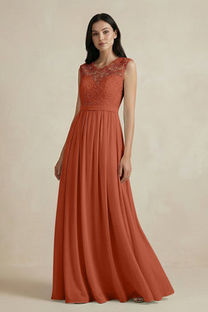 Lace Chiffon A - Line Round Neck Bridesmaid Dress in Spice - KISS BRIDAL Bridesmaid Dresses