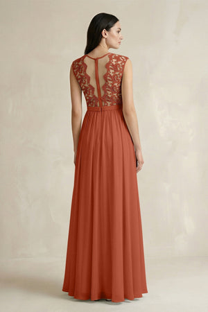 Lace Chiffon A - Line Round Neck Bridesmaid Dress in Spice - KISS BRIDAL Bridesmaid Dresses