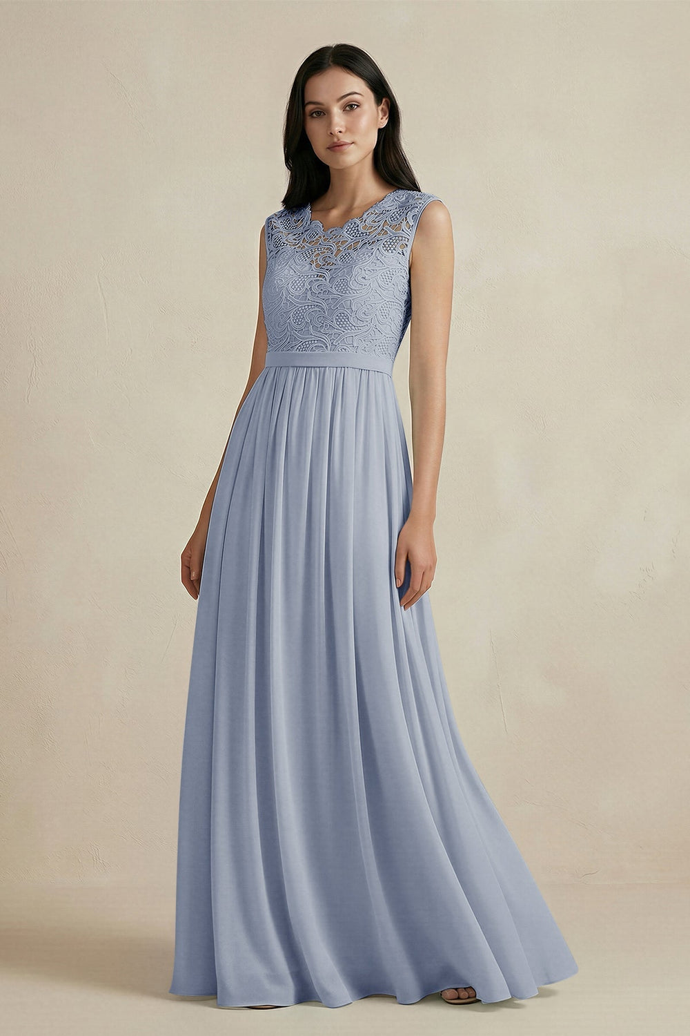 Lace Chiffon A-Line Round Neck Bridesmaid Dress in Twilight