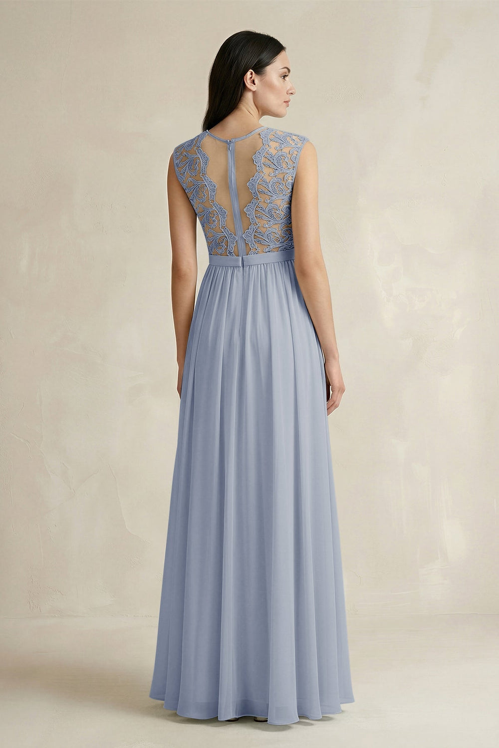 Lace Chiffon A-Line Round Neck Bridesmaid Dress in Twilight