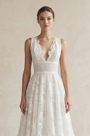 Lace Deep V - Neck A - Line Wedding Dress in White - KISS BRIDAL Wedding Dresses