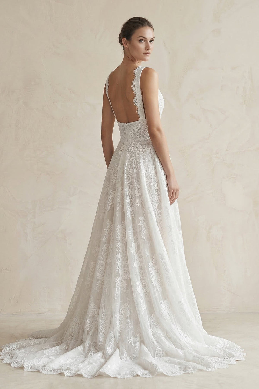 Lace Deep V-Neck A-Line Wedding Dress in White