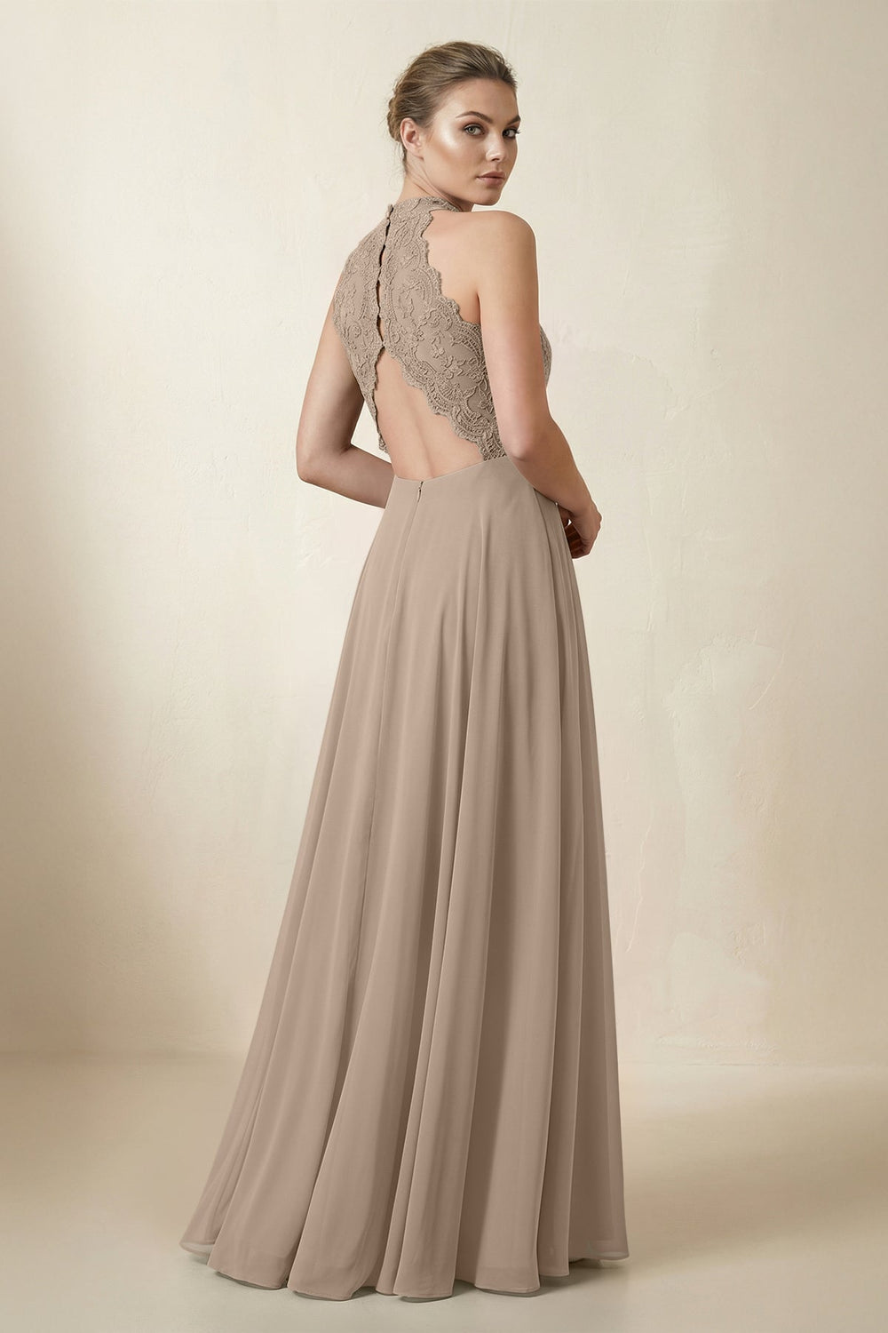 Lace Halter A-Line Chiffon Bridesmaid Dress in Almond