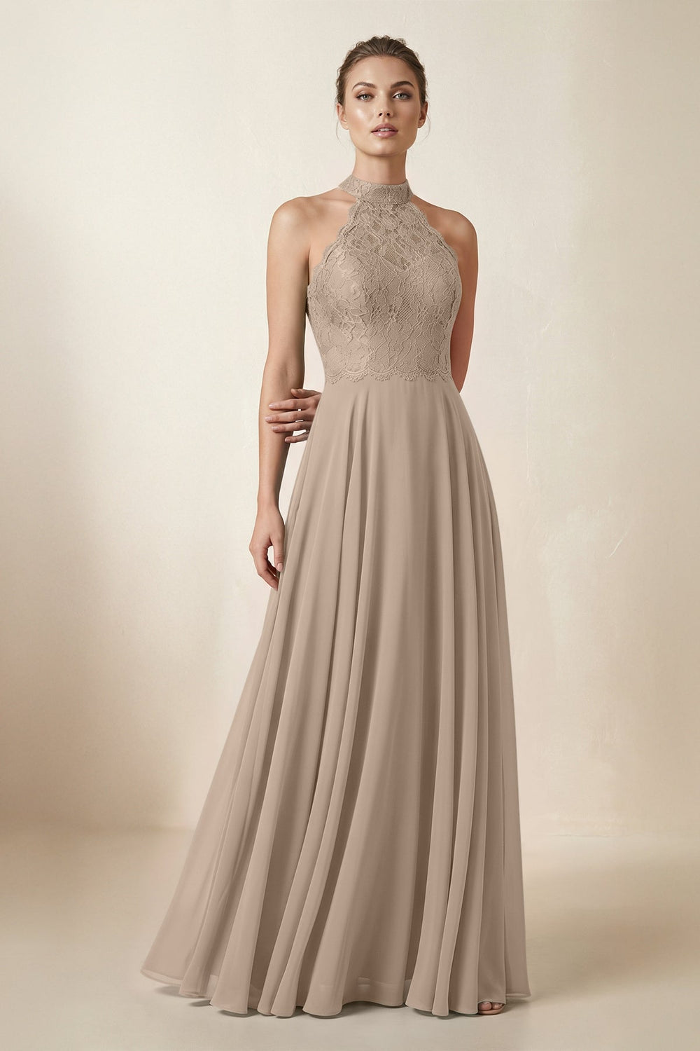 Lace Halter A-Line Chiffon Bridesmaid Dress in Almond