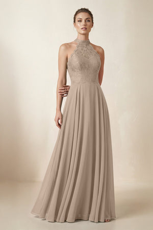 Lace Halter A-Line Chiffon Bridesmaid Dress in Almond | KISSBRIDAL