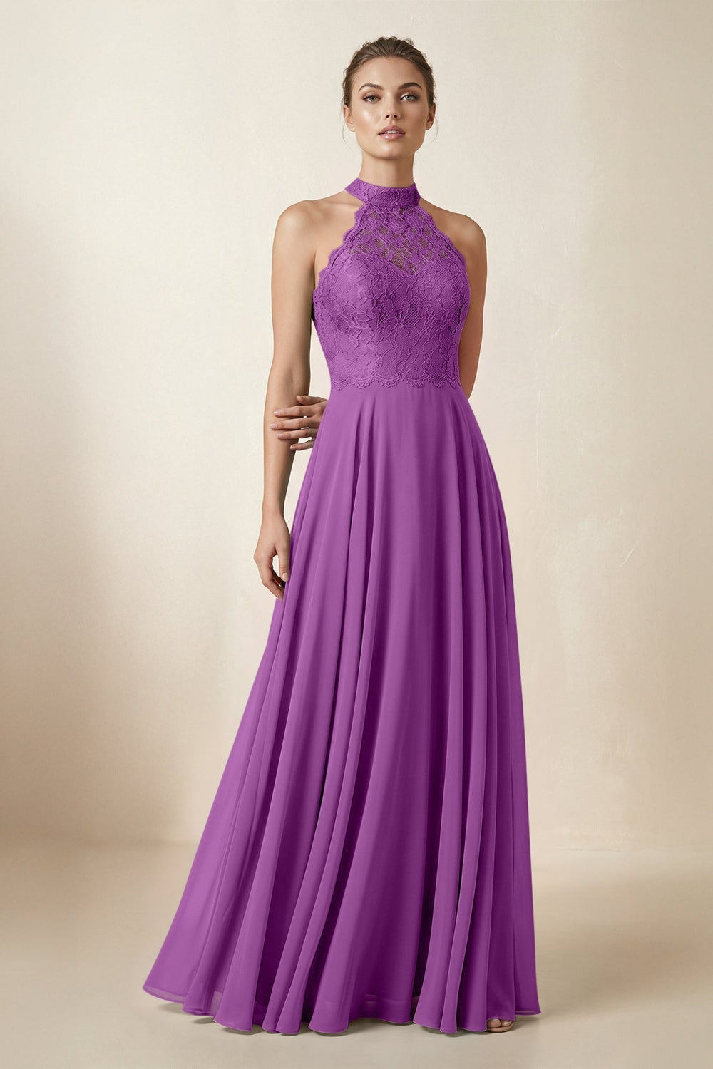 Lace Halter A-Line Chiffon Bridesmaid Dress in Amethyst