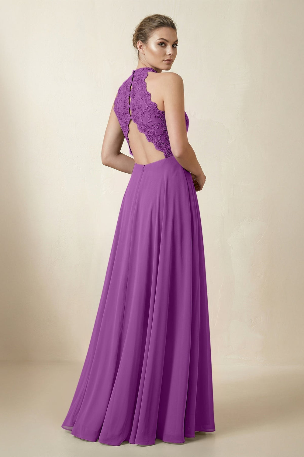 Lace Halter A-Line Chiffon Bridesmaid Dress in Amethyst