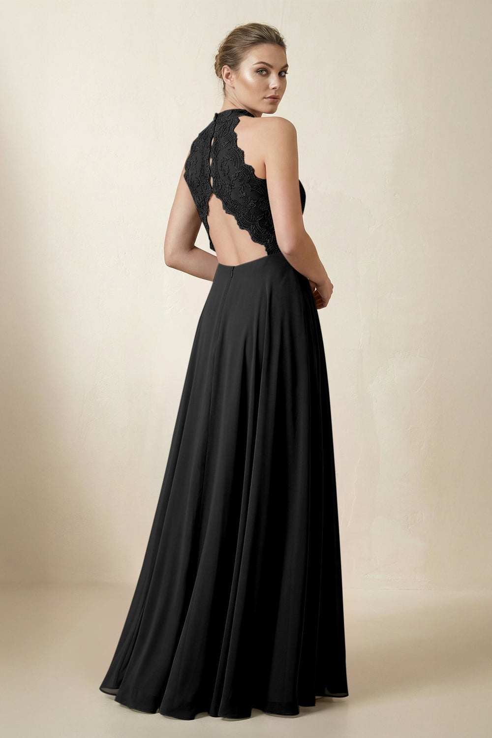 Lace Halter A-Line Chiffon Bridesmaid Dress in Black