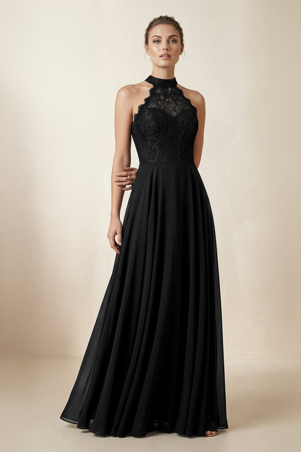 Lace Halter A-Line Chiffon Bridesmaid Dress in Black