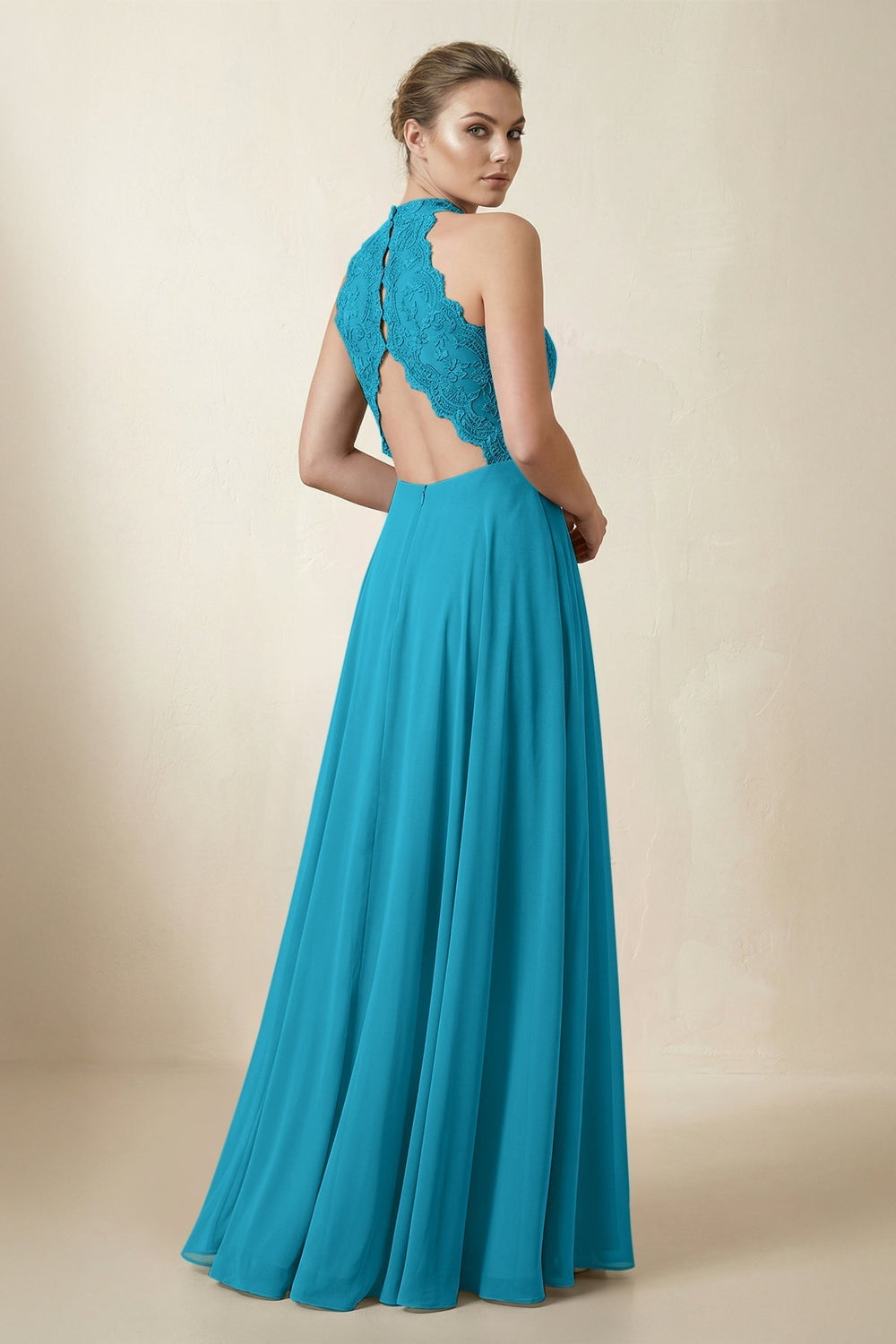 Lace Halter A-Line Chiffon Bridesmaid Dress in Blue Jay