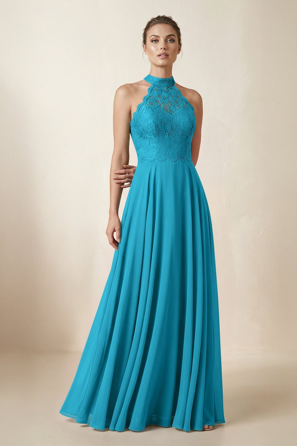 Lace Halter A-Line Chiffon Bridesmaid Dress in Blue Jay