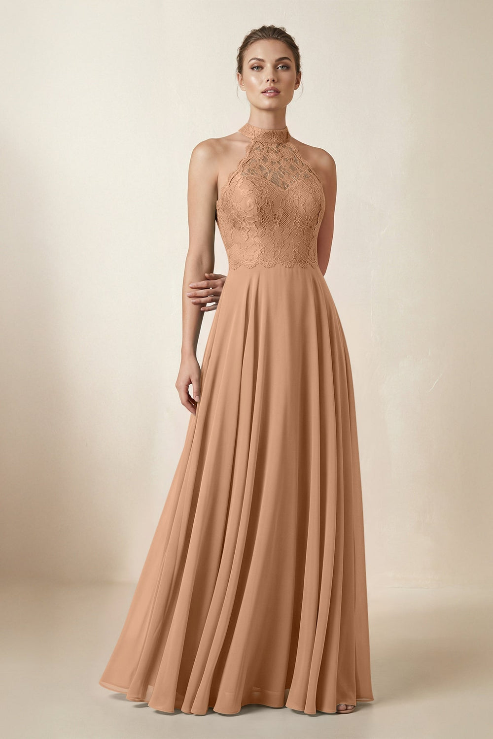 Lace Halter A-Line Chiffon Bridesmaid Dress in Bronzer