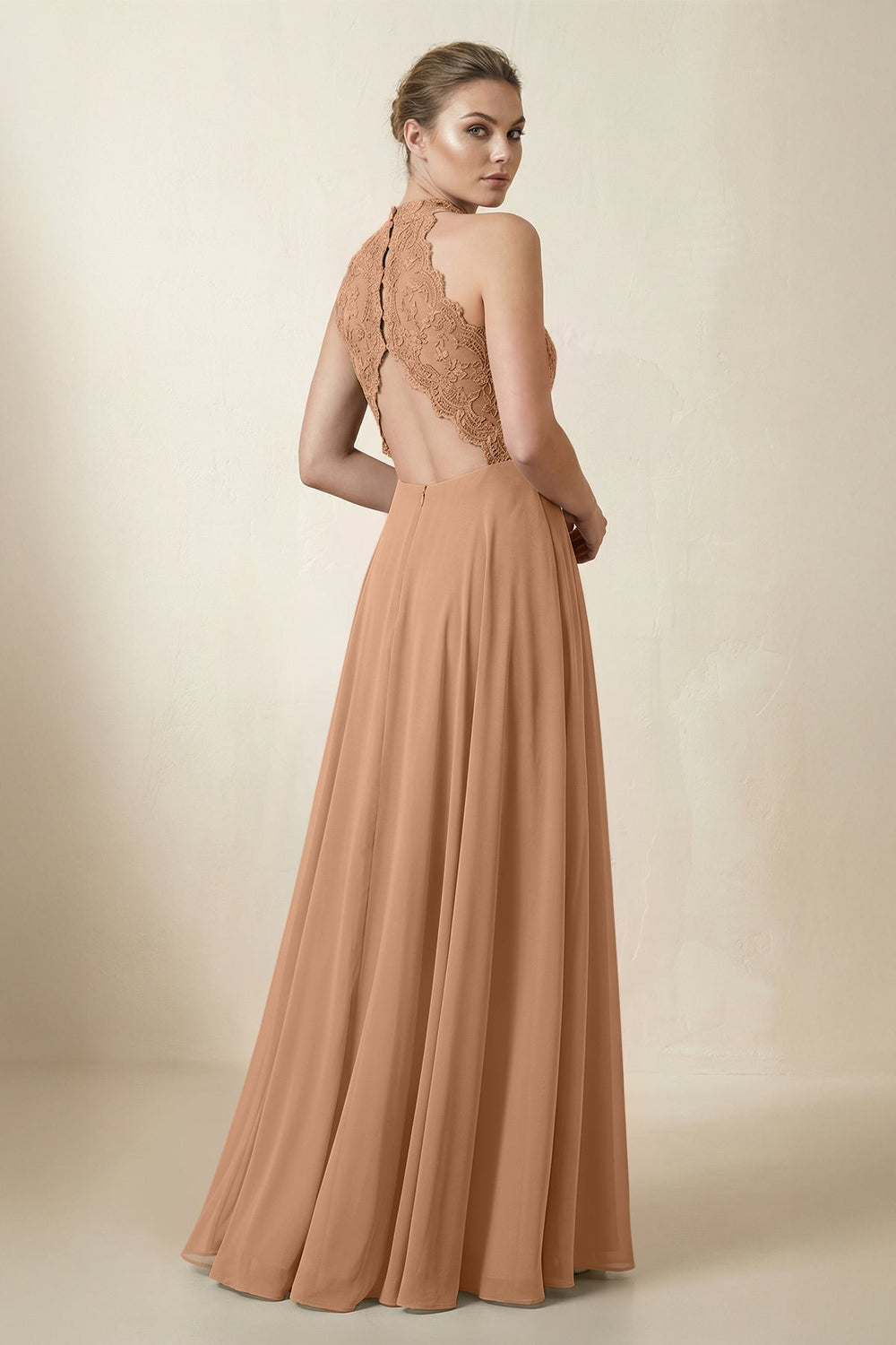 Lace Halter A-Line Chiffon Bridesmaid Dress in Bronzer