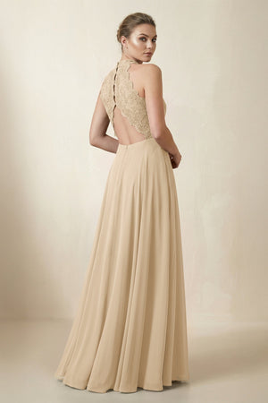 Lace Halter A-Line Chiffon Bridesmaid Dress in Champagne (2) | KISSBRIDAL