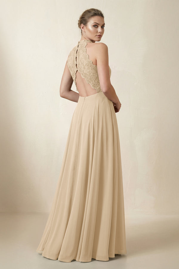 Lace Halter A-Line Chiffon Bridesmaid Dress in Champagne (2) | KISSBRIDAL