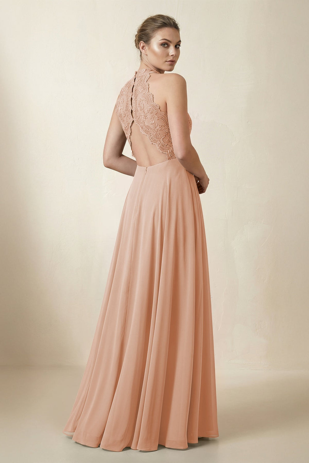 Lace Halter A-Line Chiffon Bridesmaid Dress in Champagne Rose