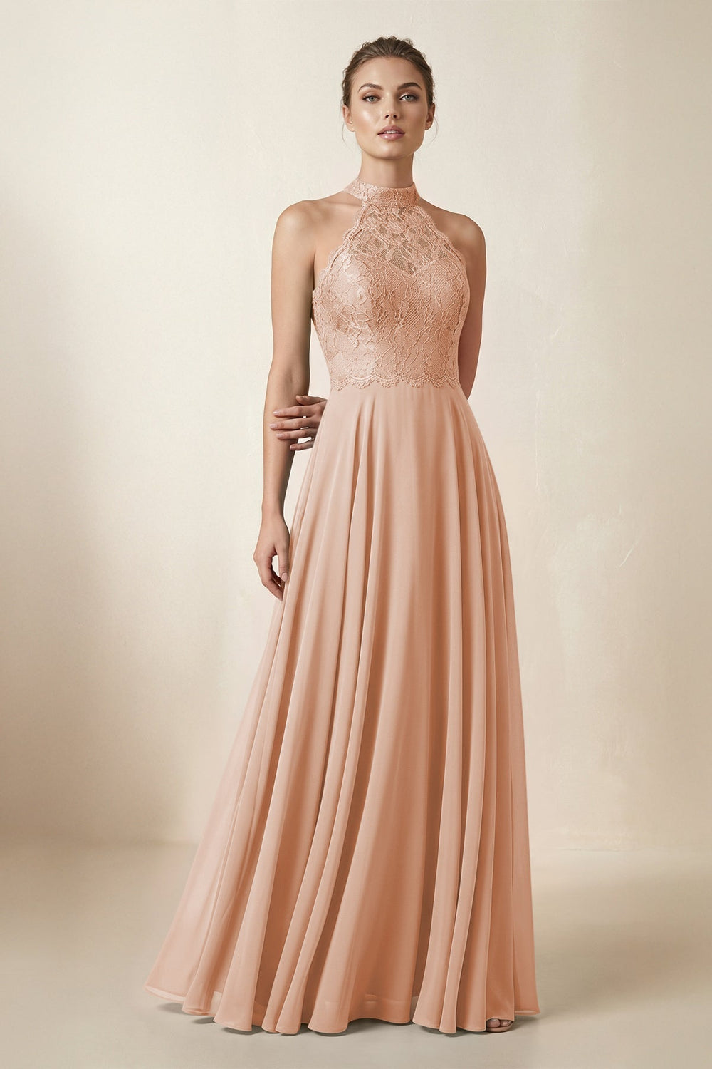Lace Halter A-Line Chiffon Bridesmaid Dress in Champagne Rose