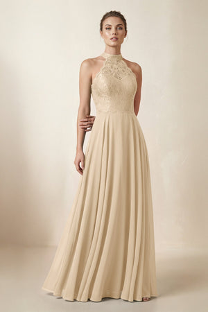 Lace Halter A-Line Chiffon Bridesmaid Dress in Champagne | KISSBRIDAL