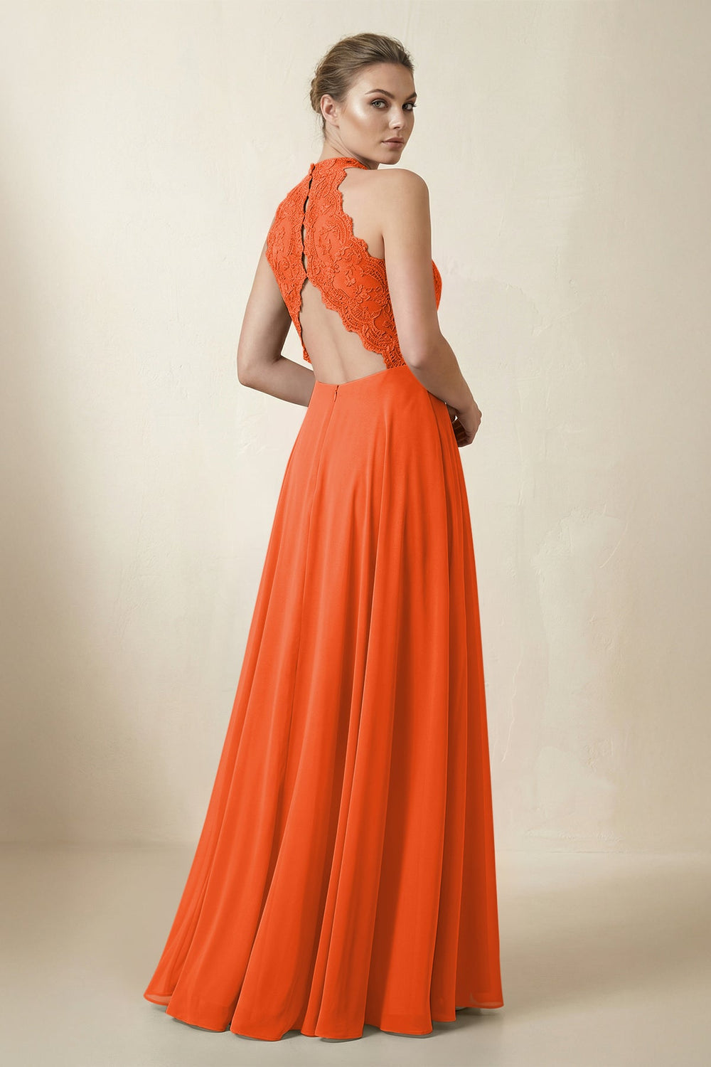 Lace Halter A-Line Chiffon Bridesmaid Dress in Cinnamon