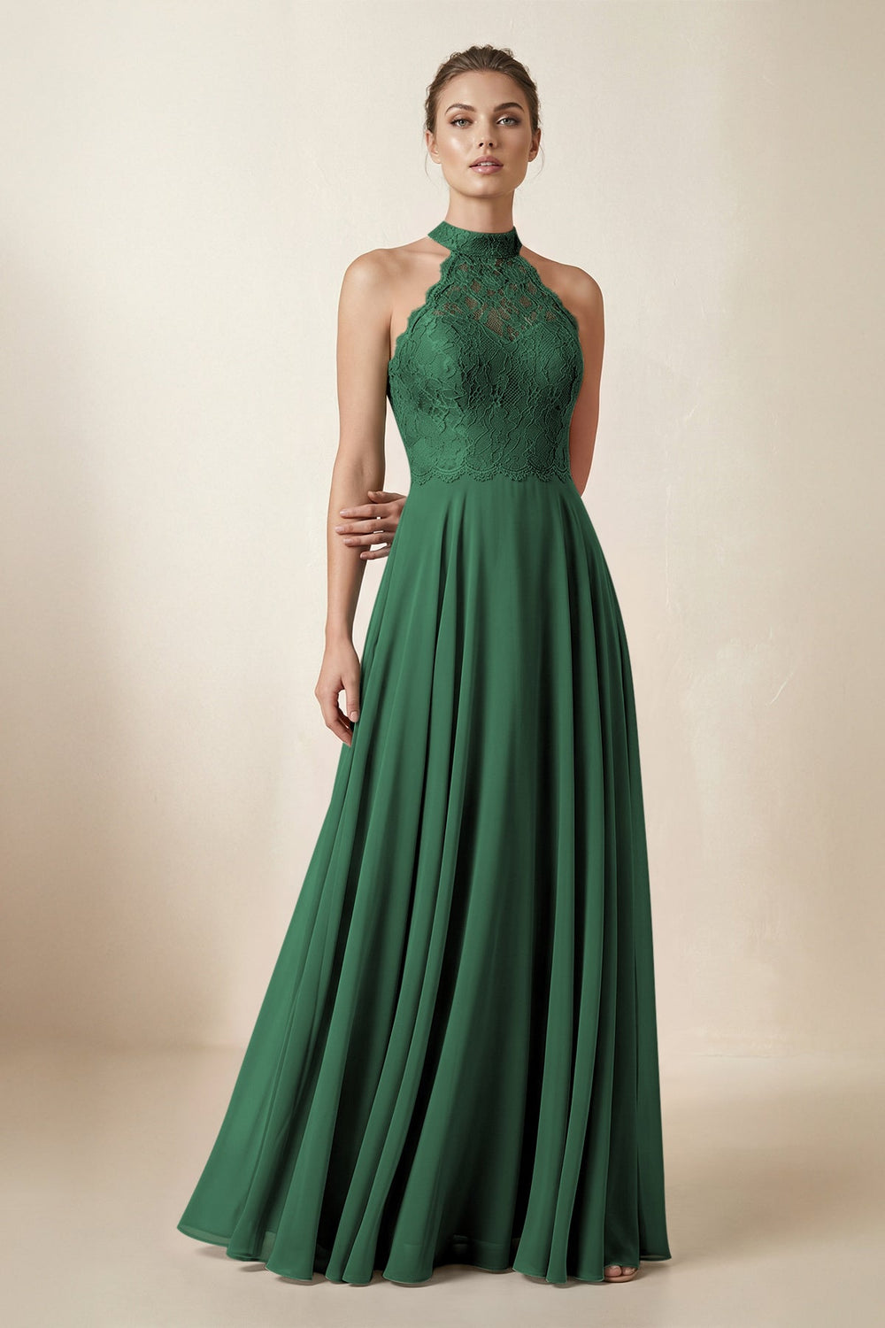 Lace Halter A-Line Chiffon Bridesmaid Dress in Dark Green