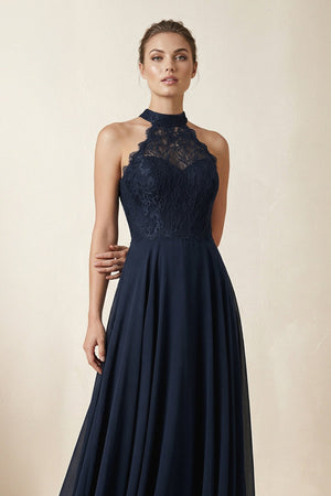Lace Halter A - Line Chiffon Bridesmaid Dress in Dark Navy - KISS BRIDAL Bridesmaid Dresses
