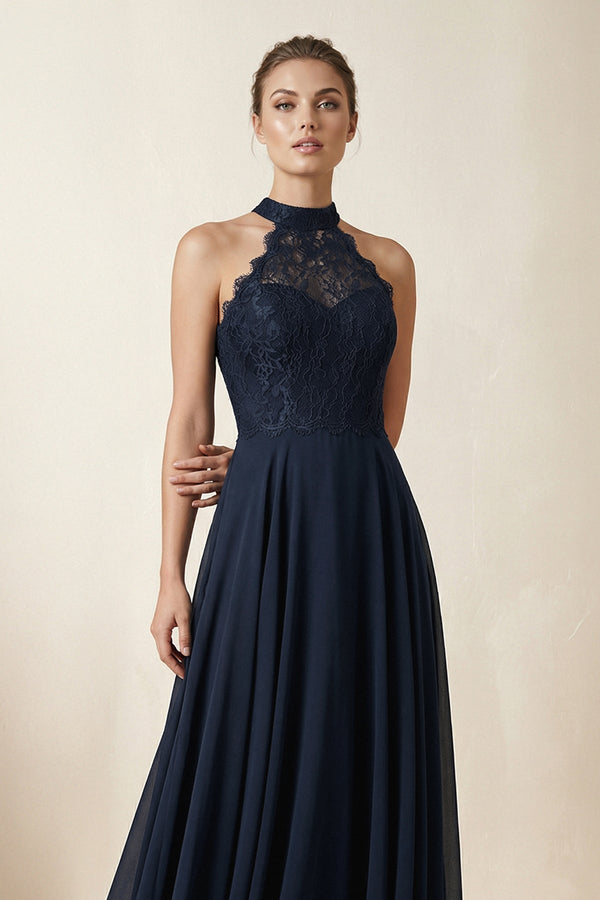 Lace Halter A - Line Chiffon Bridesmaid Dress in Dark Navy - KISS BRIDAL Bridesmaid Dresses