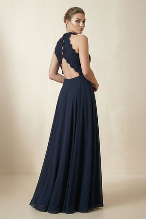 Lace Halter A - Line Chiffon Bridesmaid Dress in Dark Navy - KISS BRIDAL Bridesmaid Dresses