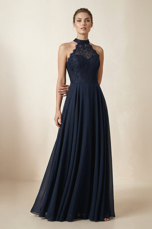 Lace Halter A - Line Chiffon Bridesmaid Dress in Dark Navy - KISS BRIDAL Bridesmaid Dresses