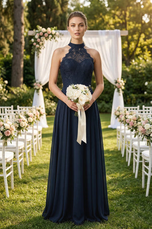 Lace Halter A - Line Chiffon Bridesmaid Dress in Dark Navy - KISS BRIDAL Bridesmaid Dresses