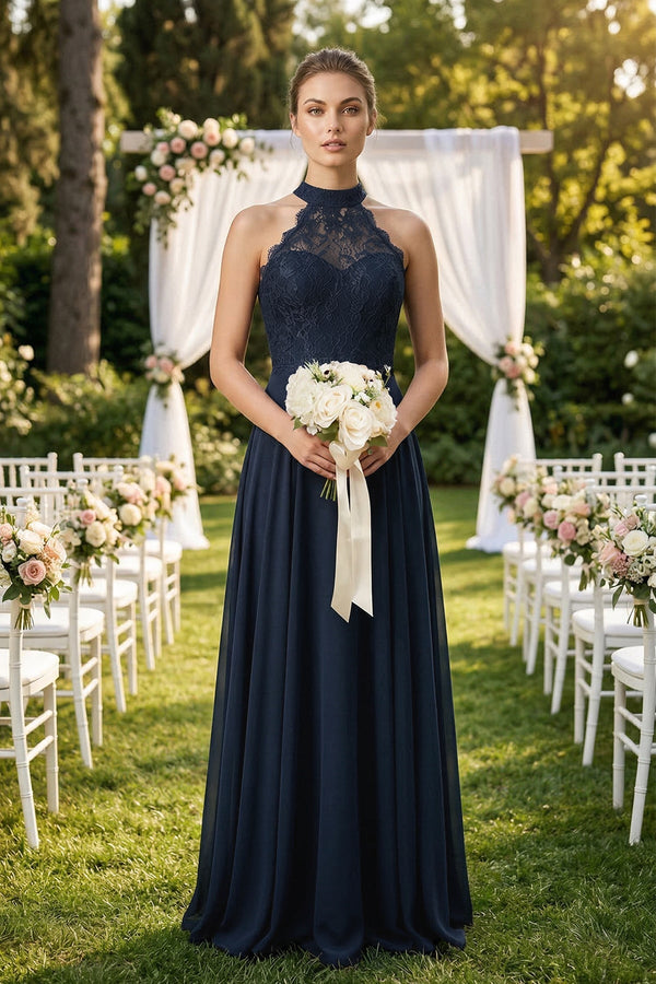 Lace Halter A - Line Chiffon Bridesmaid Dress in Dark Navy - KISS BRIDAL Bridesmaid Dresses