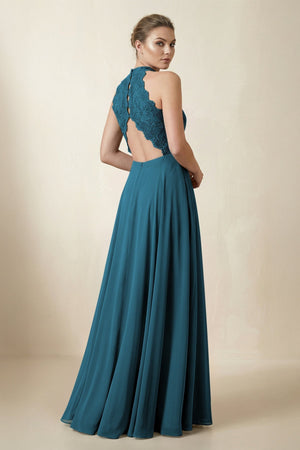 Lace Halter A - Line Chiffon Bridesmaid Dress in Dark Teal - KISS BRIDAL Bridesmaid Dresses