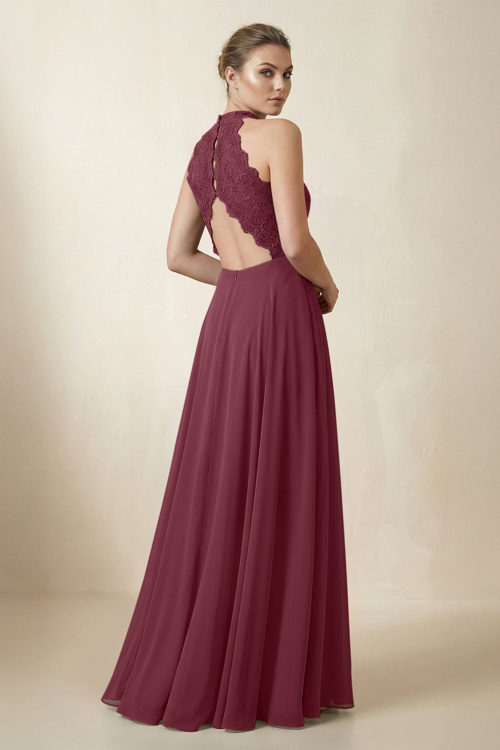 Lace Halter A-Line Chiffon Bridesmaid Dress in Desert Rose