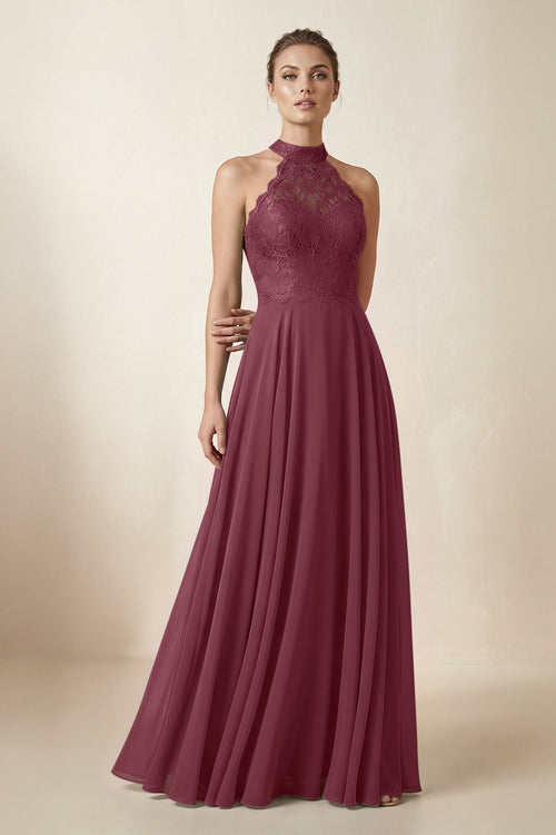 Lace Halter A-Line Chiffon Bridesmaid Dress in Desert Rose | KISSBRIDAL