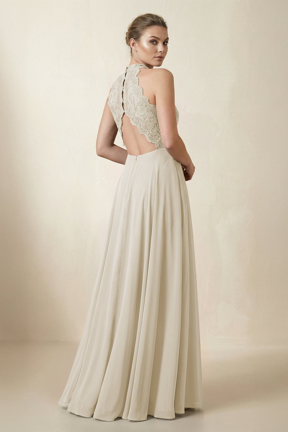 Lace Halter A-Line Chiffon Bridesmaid Dress in Dove Gray
